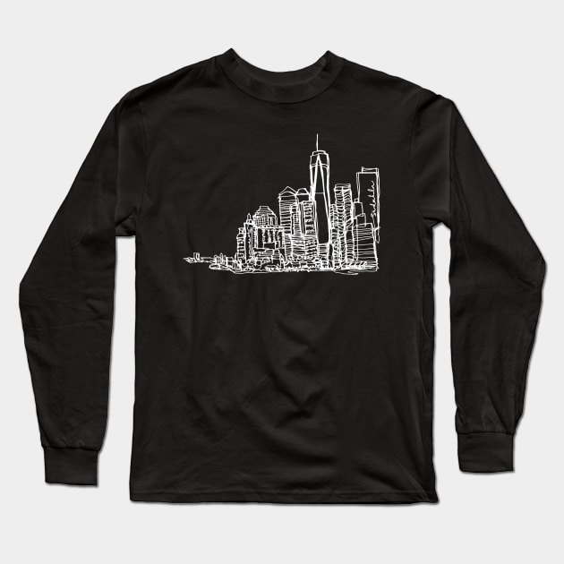 New York City Skyline (A Continuous Line Drawing in White Ink) Long Sleeve T-Shirt by BigBridgeStudios